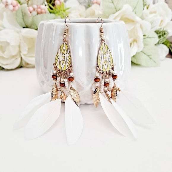 Gold & white Boho feather earrings beaded tassel long drop festival 💖2/$30 - Picture 4 of 11